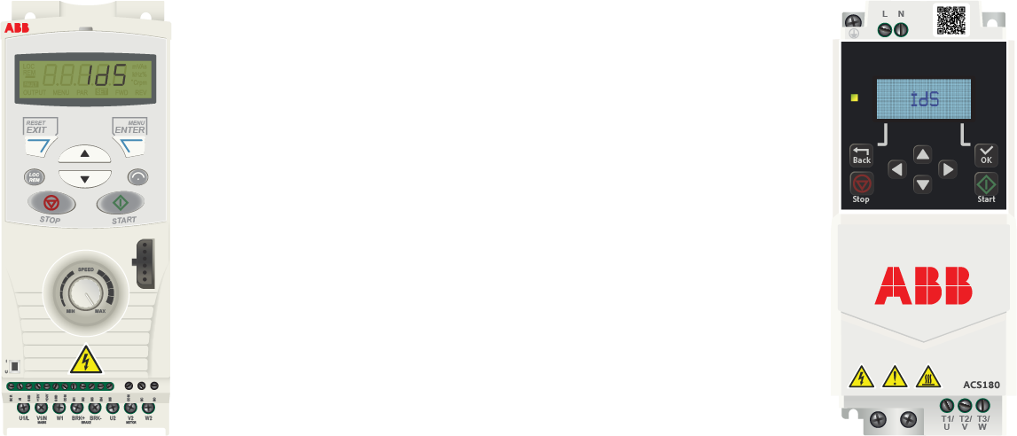 Graphic illustration of the front aspects of the ABB ACS150 and ABB ACS180 VSDs