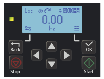 ACS180 keypad home screen showing 40Hz local speed reference