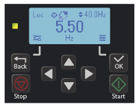 ACS180 keypad home screen showing motor running