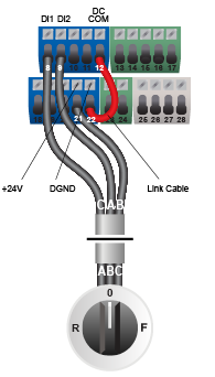 Wiring diagram showing ACS180 Run Forward and Run Reverse switch connections
