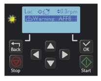 ACS180 keypad showing auto-tune running in Sensorless Vector Mode