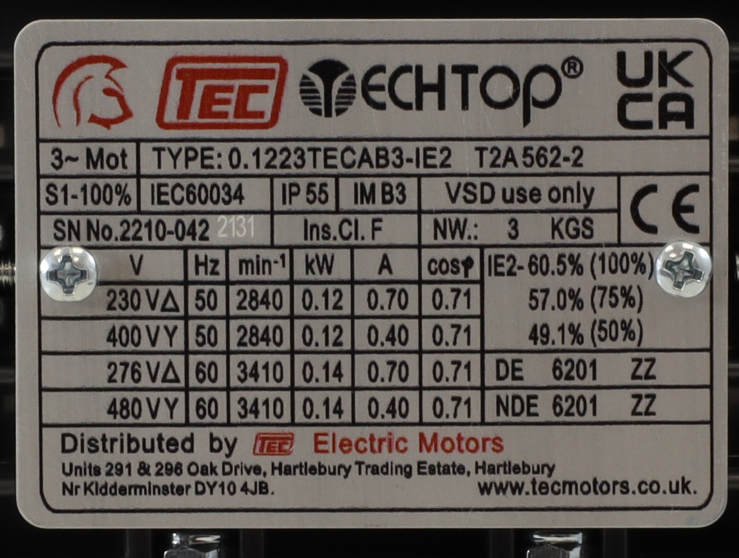 TEC motor nameplate full view showing the complete motor data plate